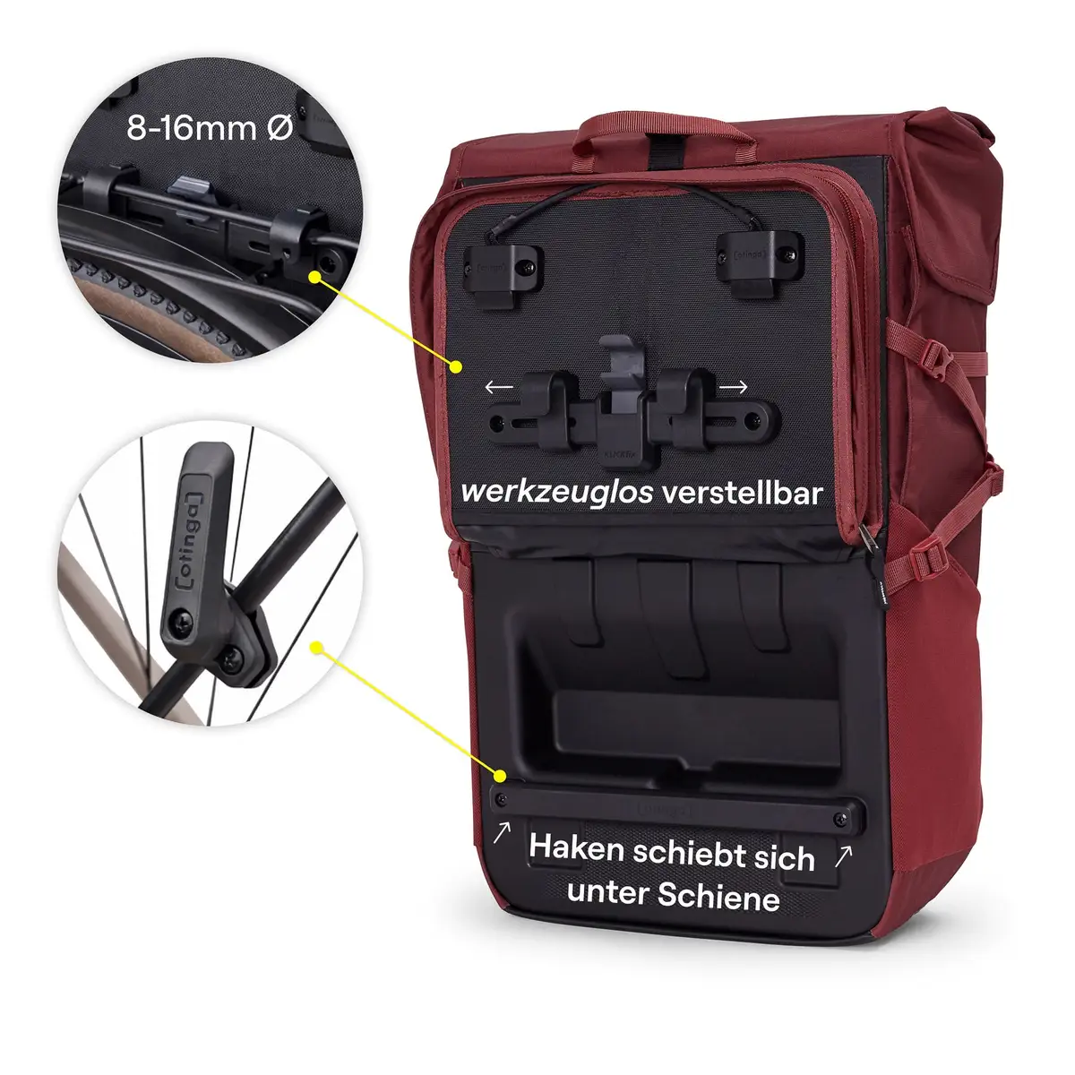 otinga Bike&Hike V2 rost-rot, Volumen 40L, 2-in-1 Fahrradtasche und Rucksack, Fair-Trade-zertifiziert.