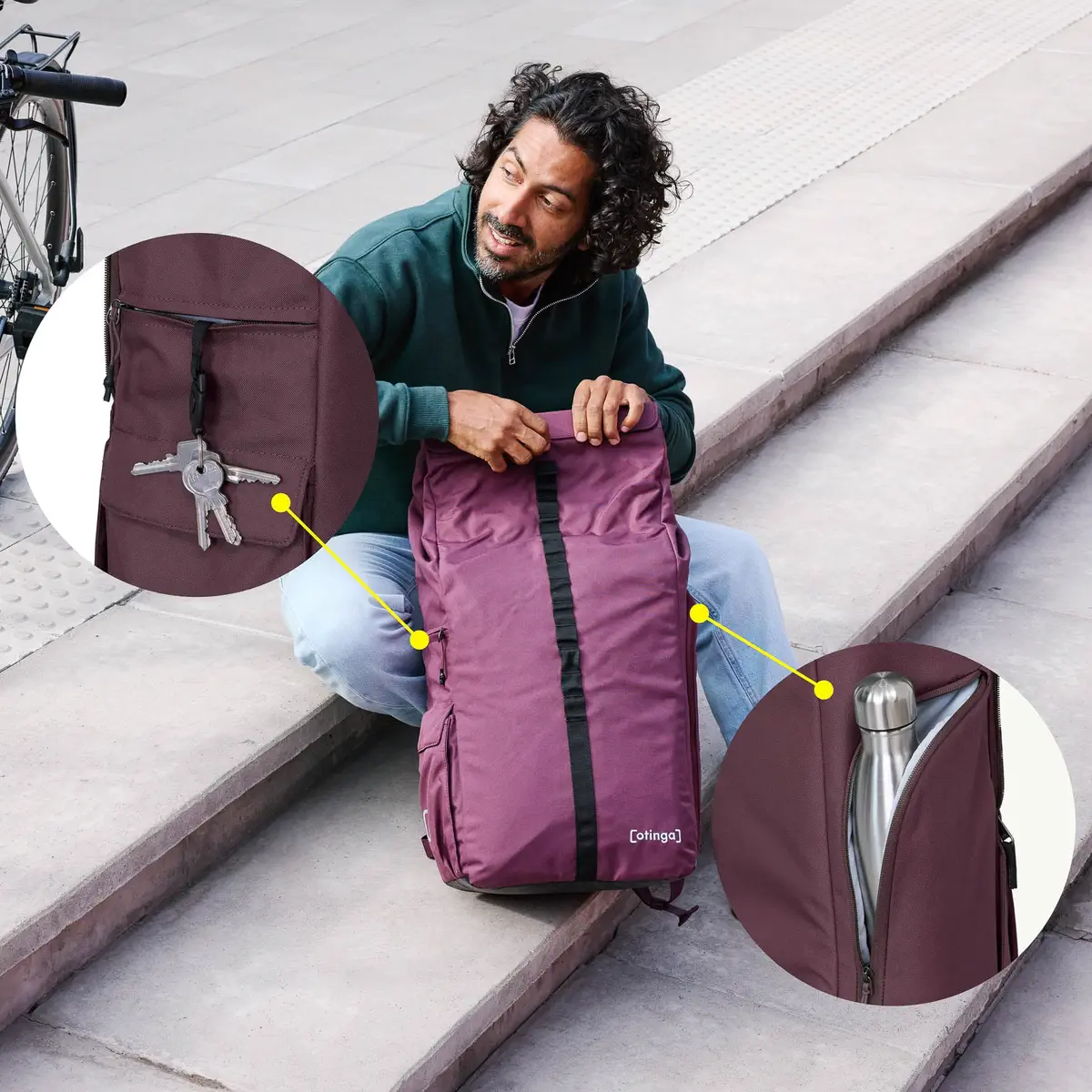 otinga Flip V3 aubergine-rot: alforja de bici, con compartimento para portátil, 100% impermeable. Bei Bag-Age Berlin comprar.