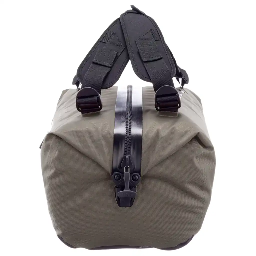 ORTLIEB Duffle Lite Dark Sand duffle / travel bag, side view, at Bag-Age