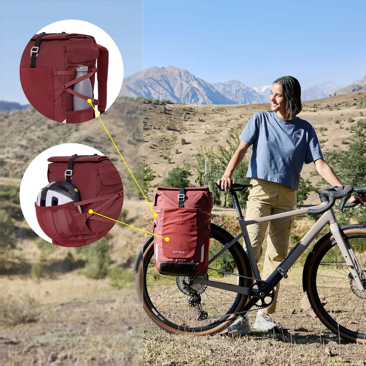 otinga Bike&Hike V2 rost-rot, recyceltes PES-Gewebe, PU-beschichtet, 2-in-1 Fahrradtasche und Rucksack, Fahrradtasche bei Bag-Age Berlin.