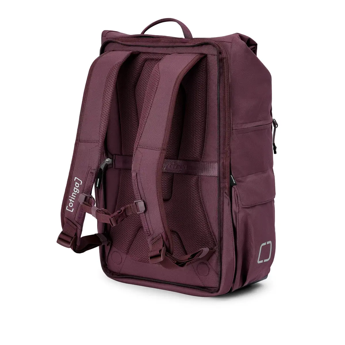otinga Flip V3 aubergine-rot für desplazamientos diarios en ciudad - alforja de bici y mochila 2 en 1, certificado de comercio justo, bei Bag-Age Berlin.