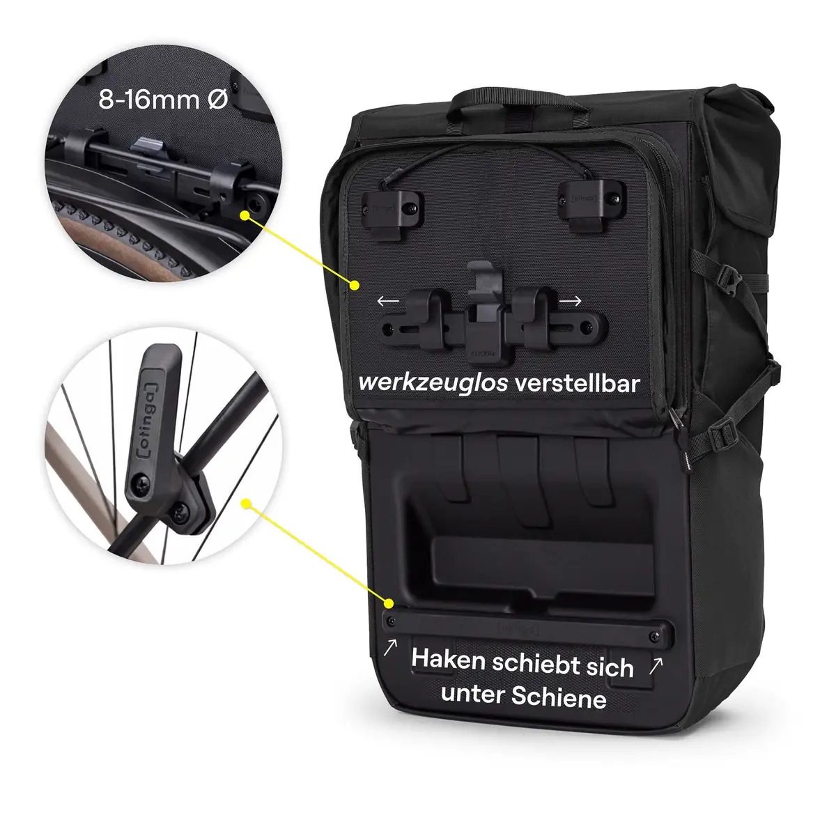 otinga Bike&Hike V2 schwarz, volume 40L, borsa da bici e zaino 2-in-1, certificato Fair Trade.