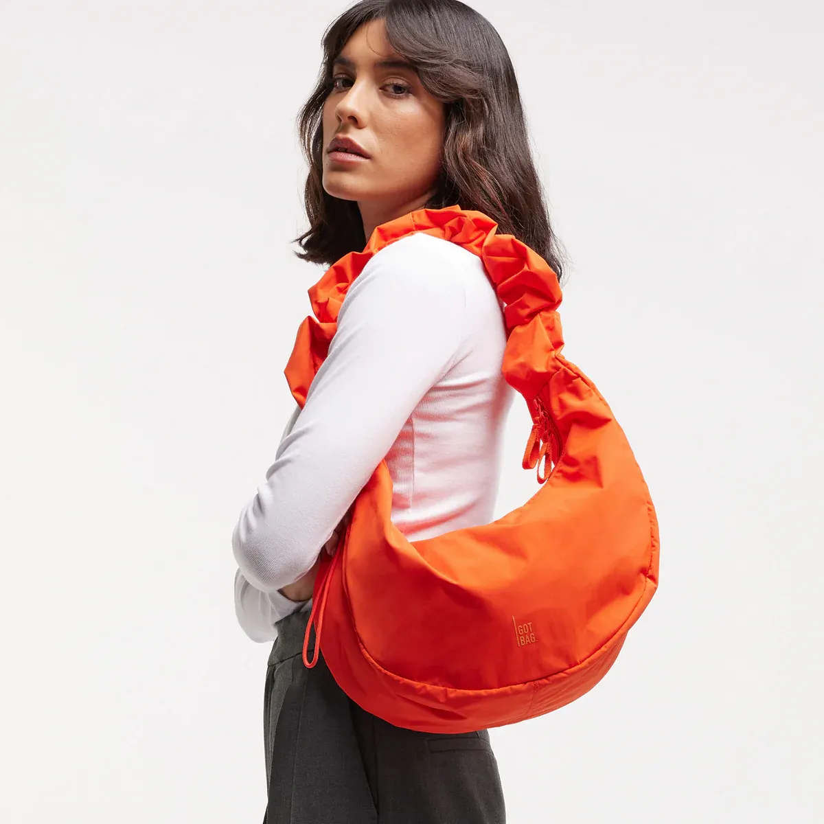 GOT BAG Moon Bag Ruffle Vichy Hot Coral Monochrome – photo lifestyle 3 | durable | Bag-Age