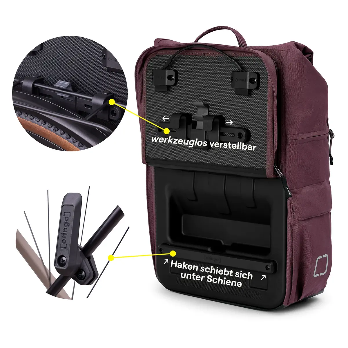 otinga Flip V3 aubergine-rot für desplazamientos diarios en ciudad - 100% impermeable, certificado de comercio justo, bei Bag-Age Berlin.