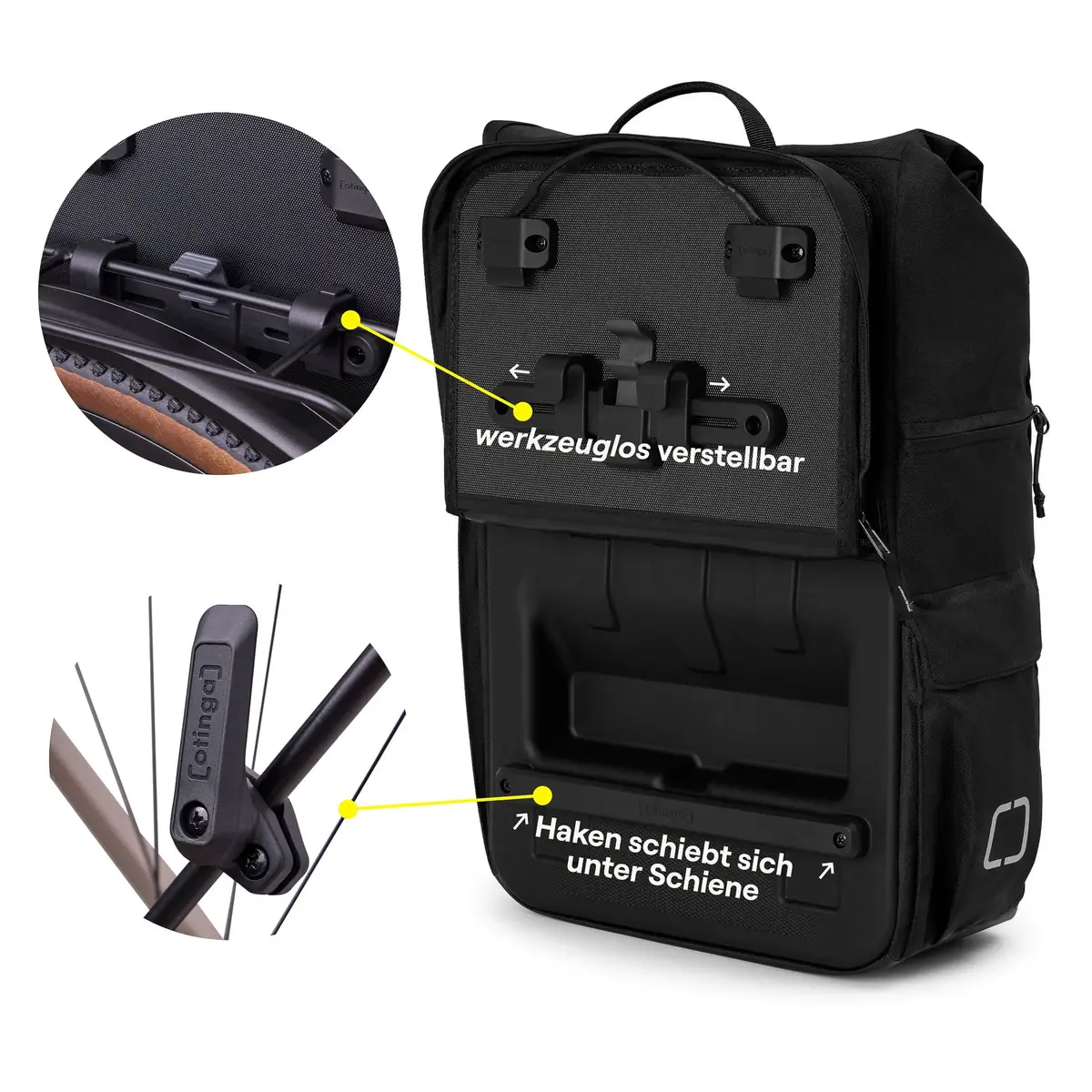 otinga Flip V3 schwarz, recyceltes PES-Gewebe, PU-beschichtet, 2-in-1 Fahrradtasche und Rucksack, Fahrradtasche bei Bag-Age Berlin.