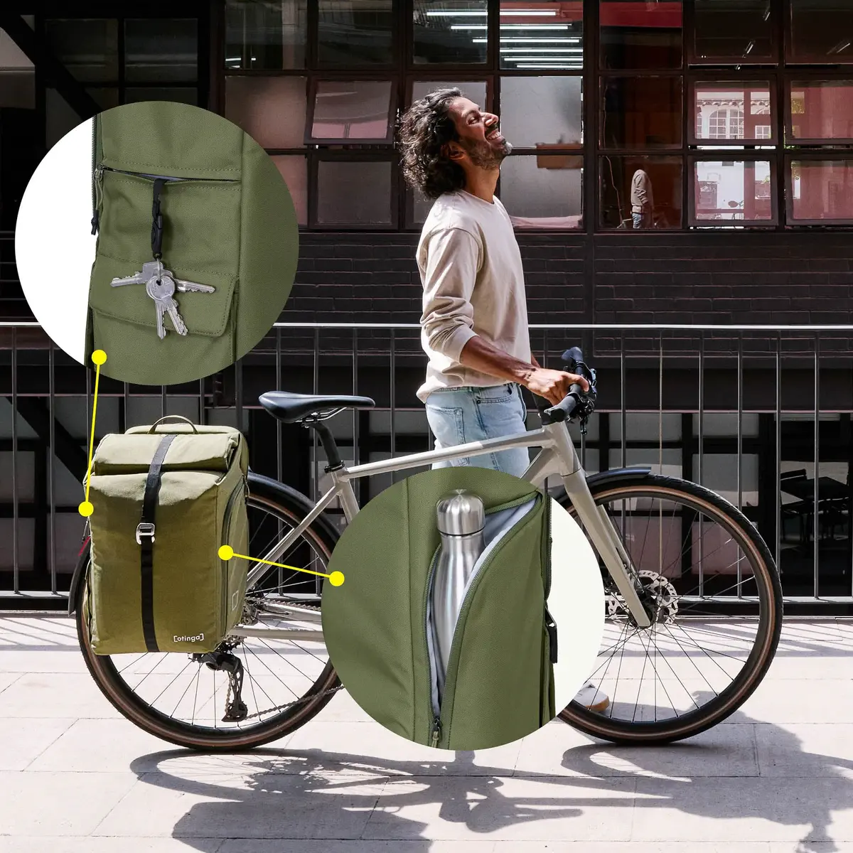 otinga Flip V3 olive-grün, recyceltes PES-Gewebe, PU-beschichtet, 2-in-1 Fahrradtasche und Rucksack, Fahrradtasche bei Bag-Age Berlin.